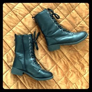 Black Faux Leather Combat Boots